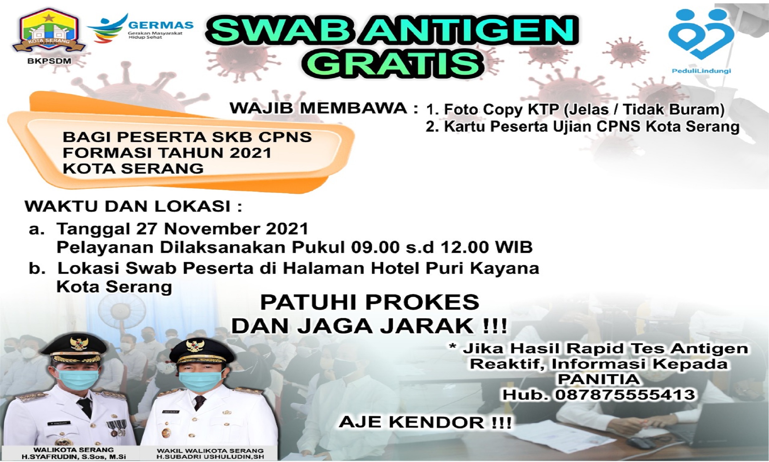 INFORMASI SWAB ANTIGEN GRATIS BAGI PESERTA TES SKB CPNS TILOK PURI KAYANA KOTA SERANG TAHUN 2021